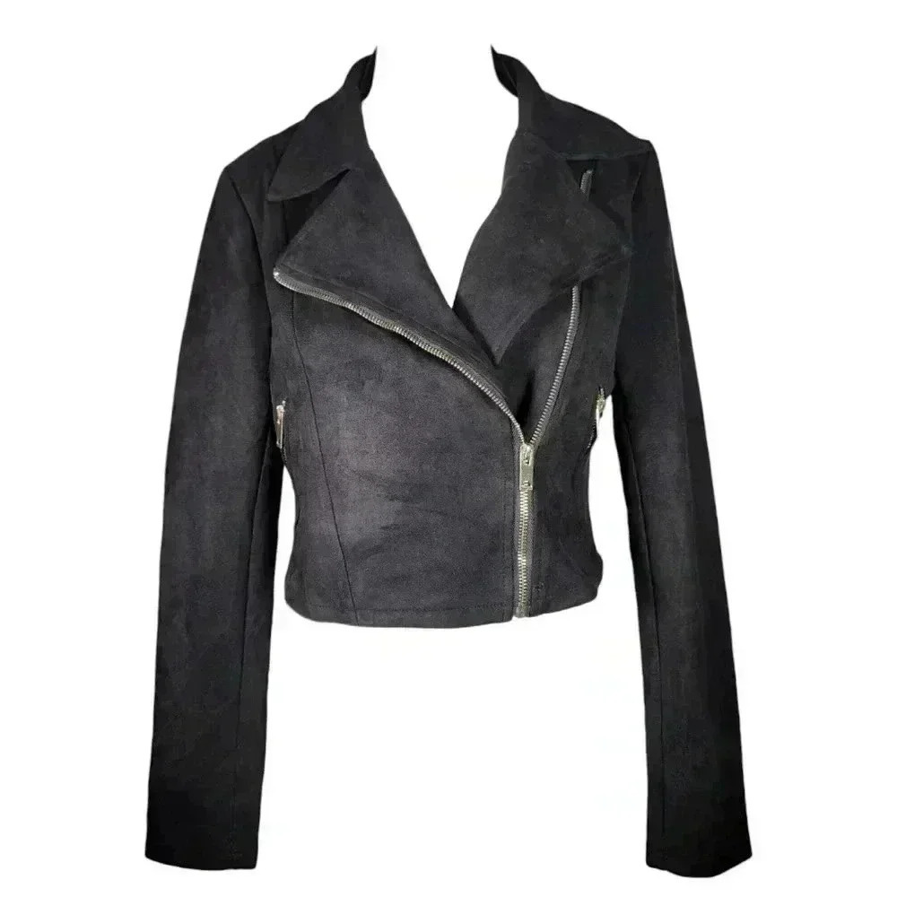 Vera & Lucy Tassel Faux Suede Black Moto Wing Collar Jacket Coat  Size M - Picture 2 of 13